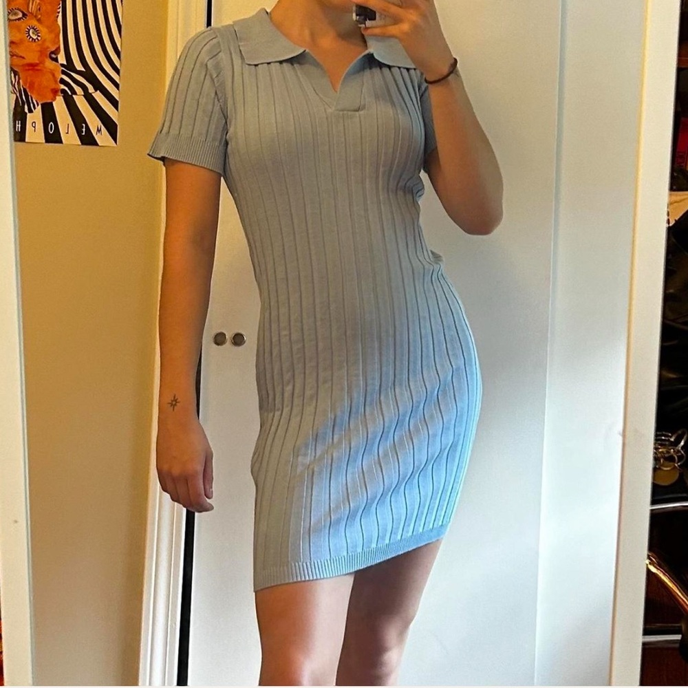 Pink Rose Sky Blue Ribbed Mini Dress